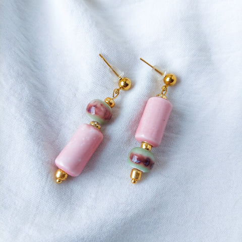 Handmade ceramic tube dangle drop earrings with stainless steel and hypoallergenic hooks.