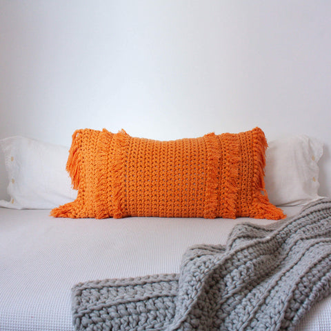 Crochet Pillow “Textures from the Loom” – Orange Fringes